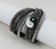 Bracelet manchette Noir strass argent breloque Yin-Yang 