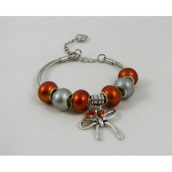 Bracelet argenté perles Orange et Noeud