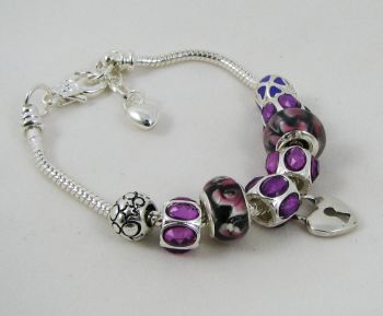 Bracelet argenté perles Violet charme Coeur adaptable