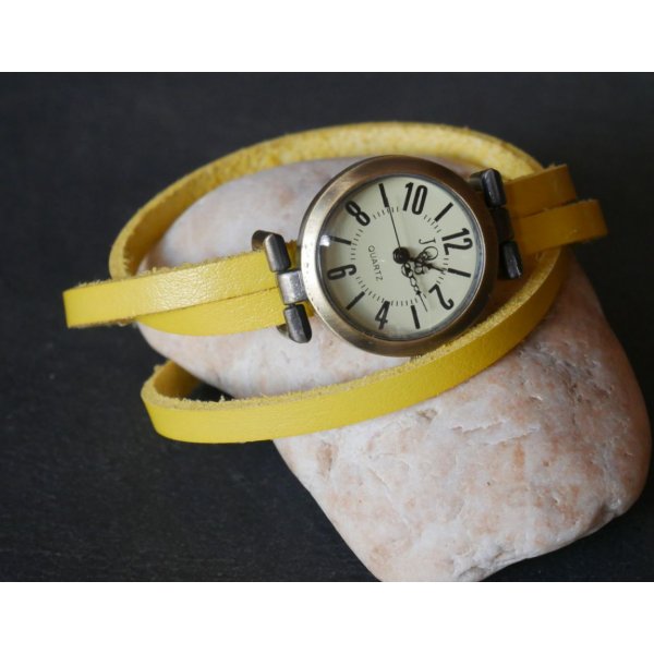 Bracelet cuir jaune fin triple tour