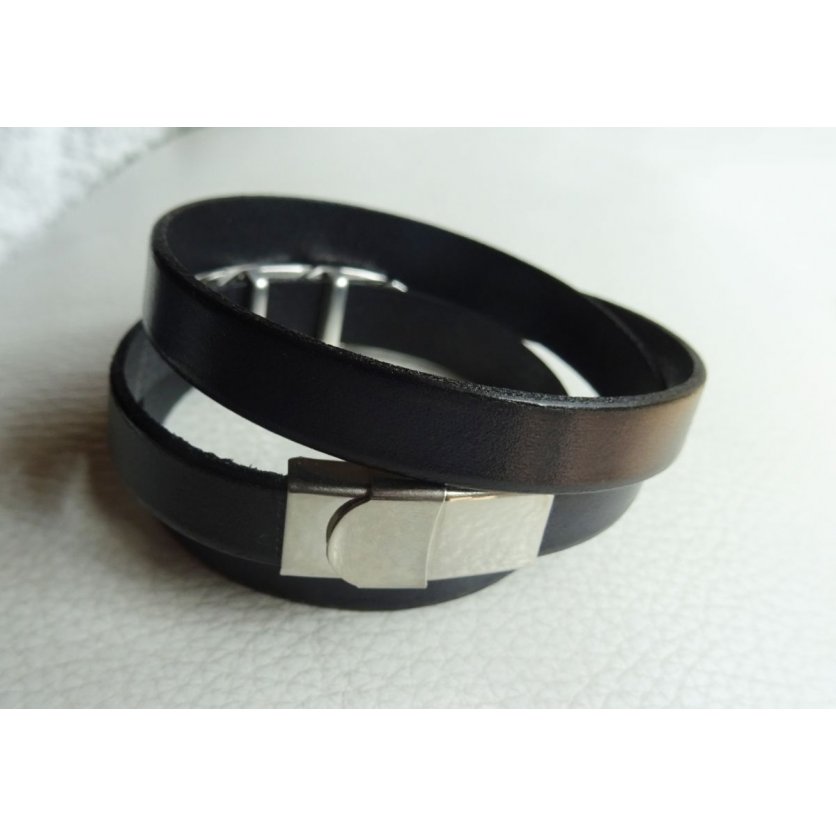 Bracelet cuir noir 3 tours Plume ajustable