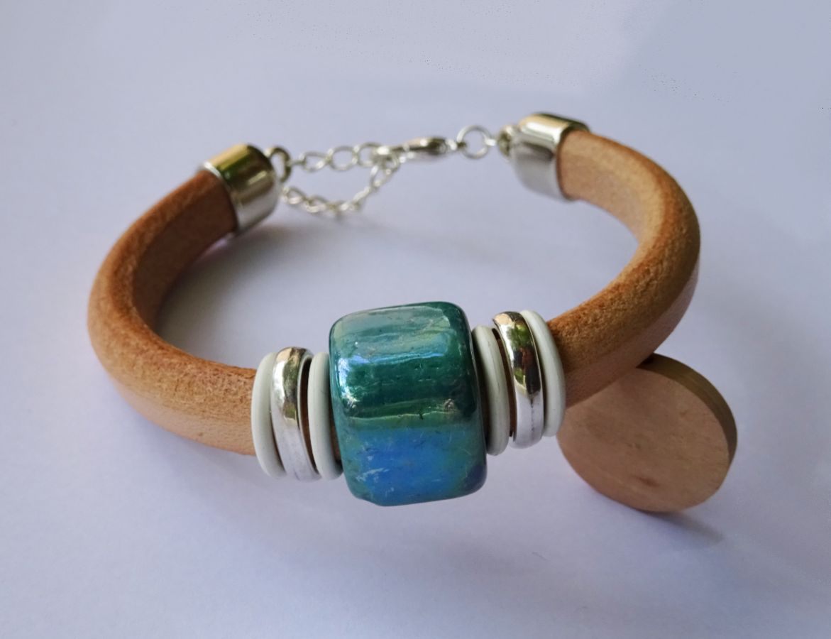 Bracelet cuir Regaliz céramique turquoise