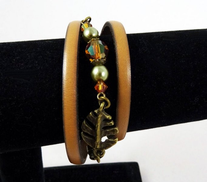 Bracelet cuir 3 tours Feuilles et cristal cuivre