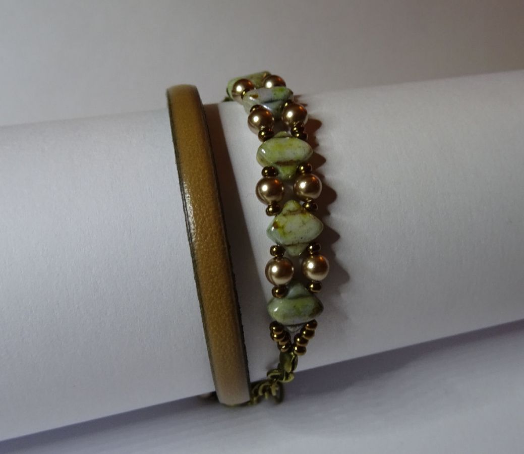 Kit bracelet cuir 2 tours perles Silky vert bronze