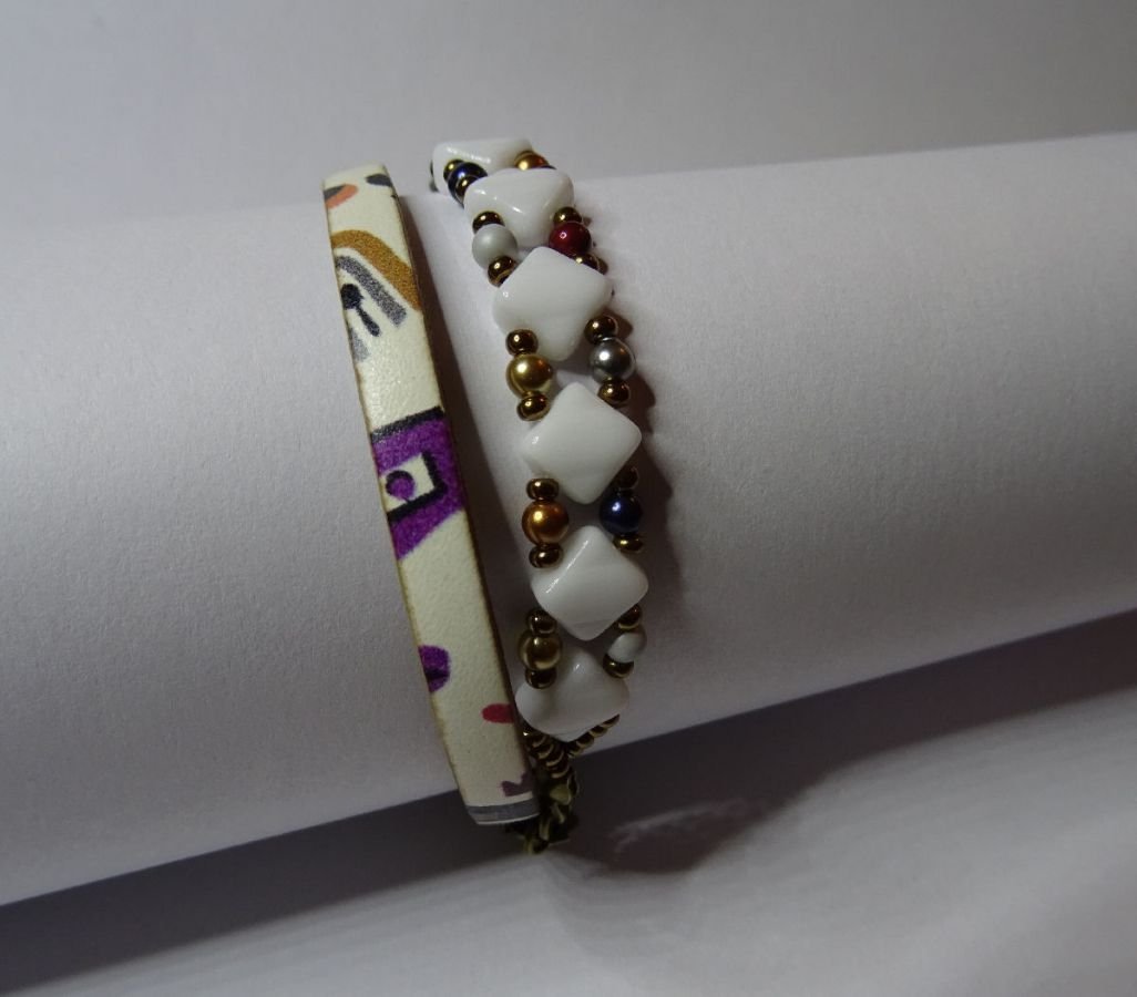 Kit bracelet cuir 2 tours perles Silky Blanc