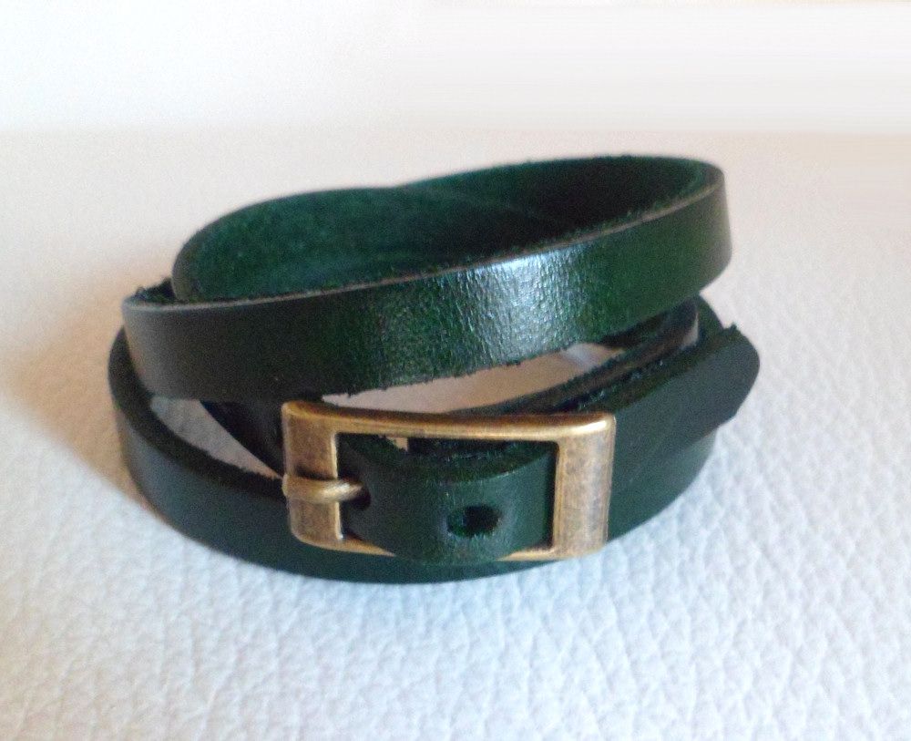 Bracelet cuir triple tour Vert pour montre