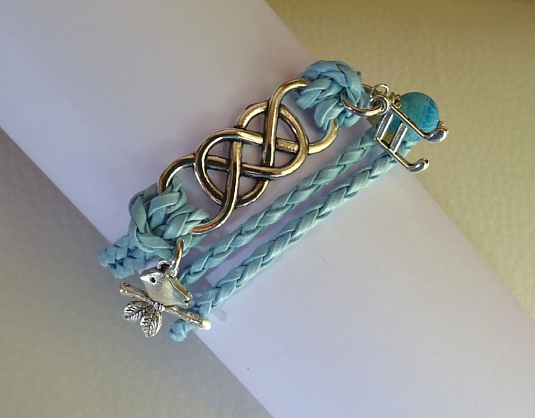 Bracelet double infini et double tour cuir tress&eacute; bleu