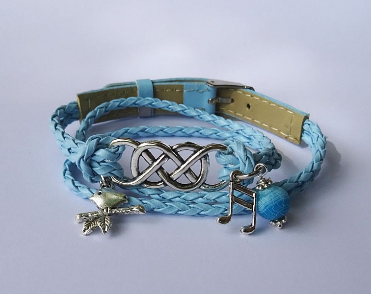 Bracelet double infini et double tour cuir tress&eacute; bleu