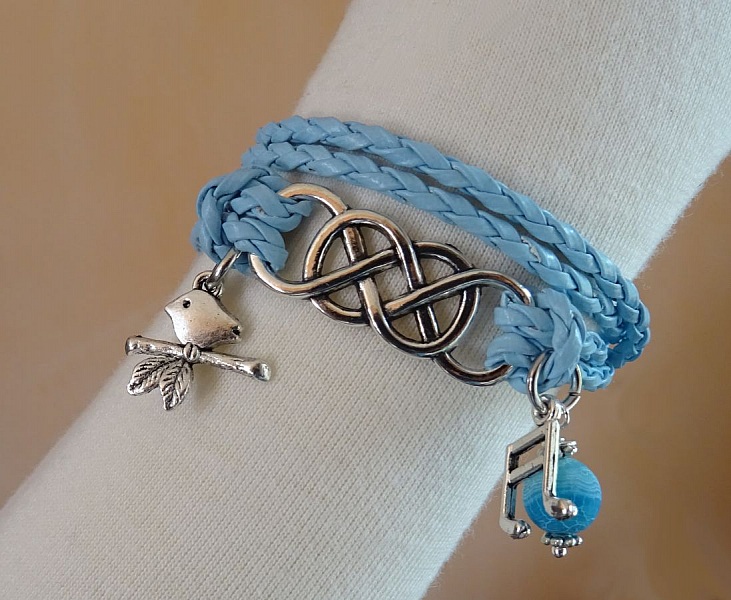 Bracelet double infini et double tour cuir tress&eacute; bleu