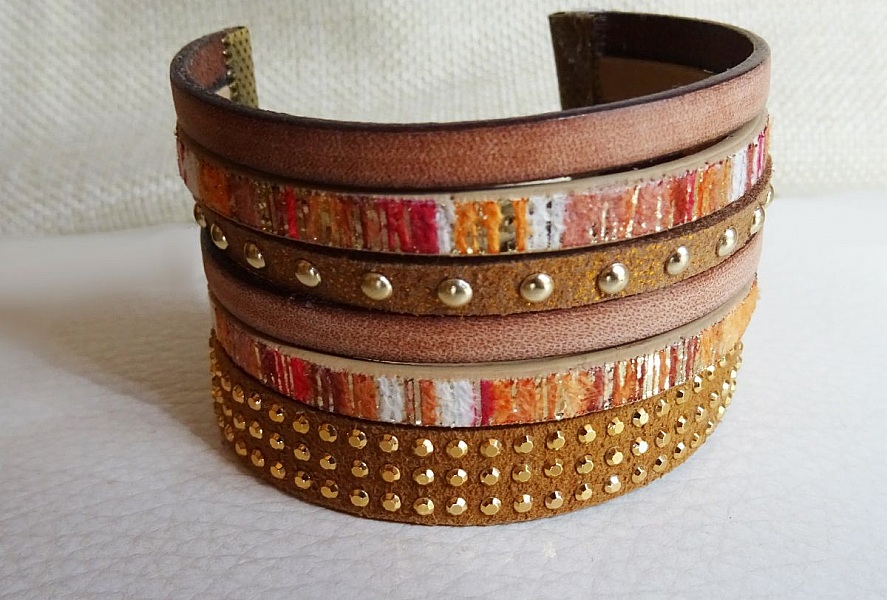 Bracelet manchette multi cuir tons ocres