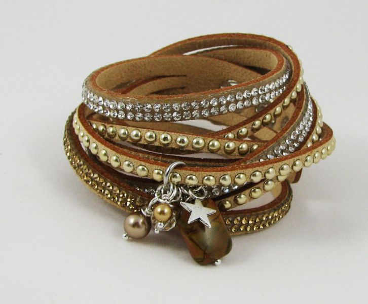 Bracelet manchette multi suédine strass Beige et perles