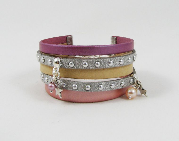 Bracelet multi cordons cuir Pêche et rose