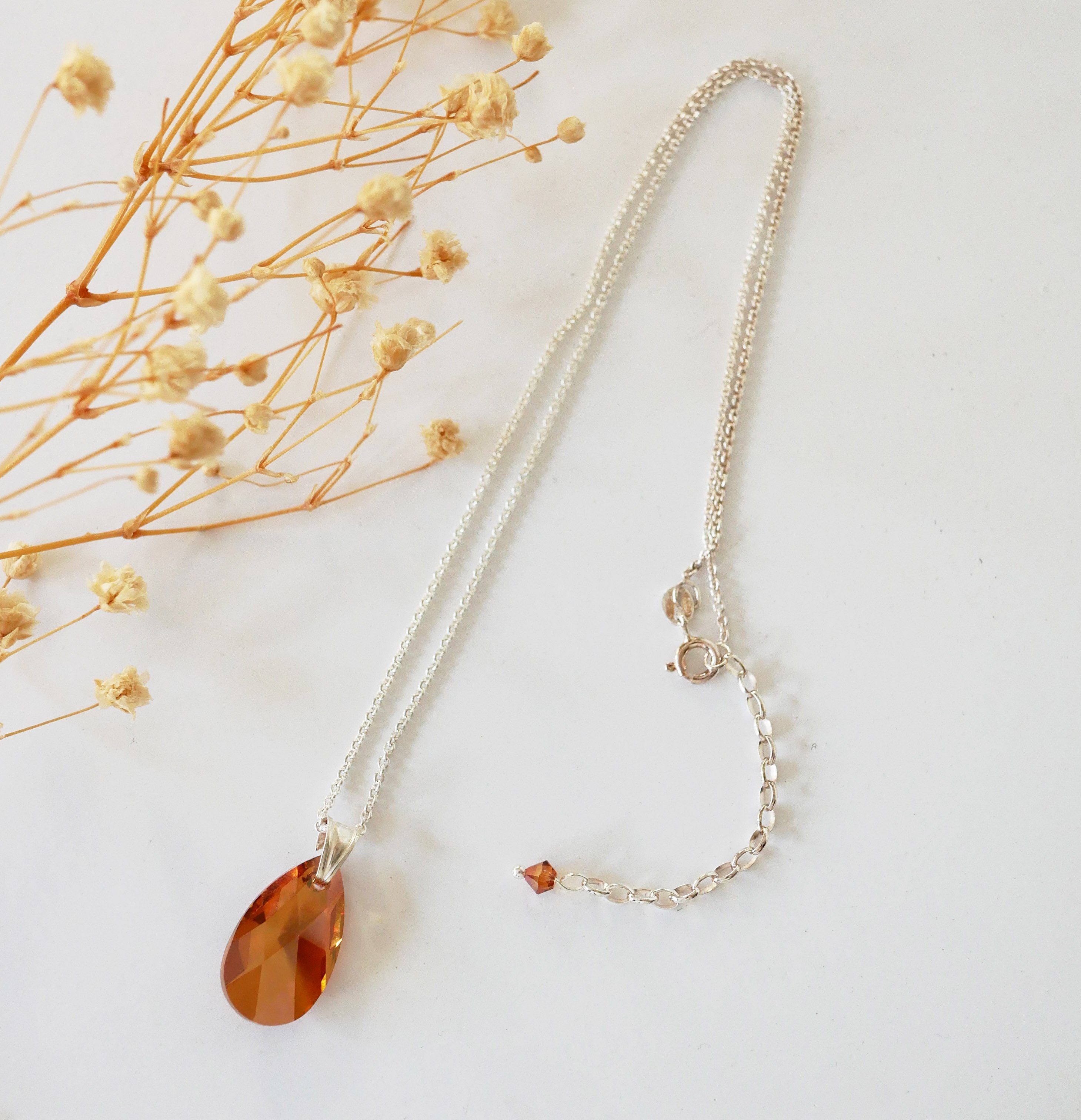 Collier argent pendentif Swarovski Larme ambre cuivré