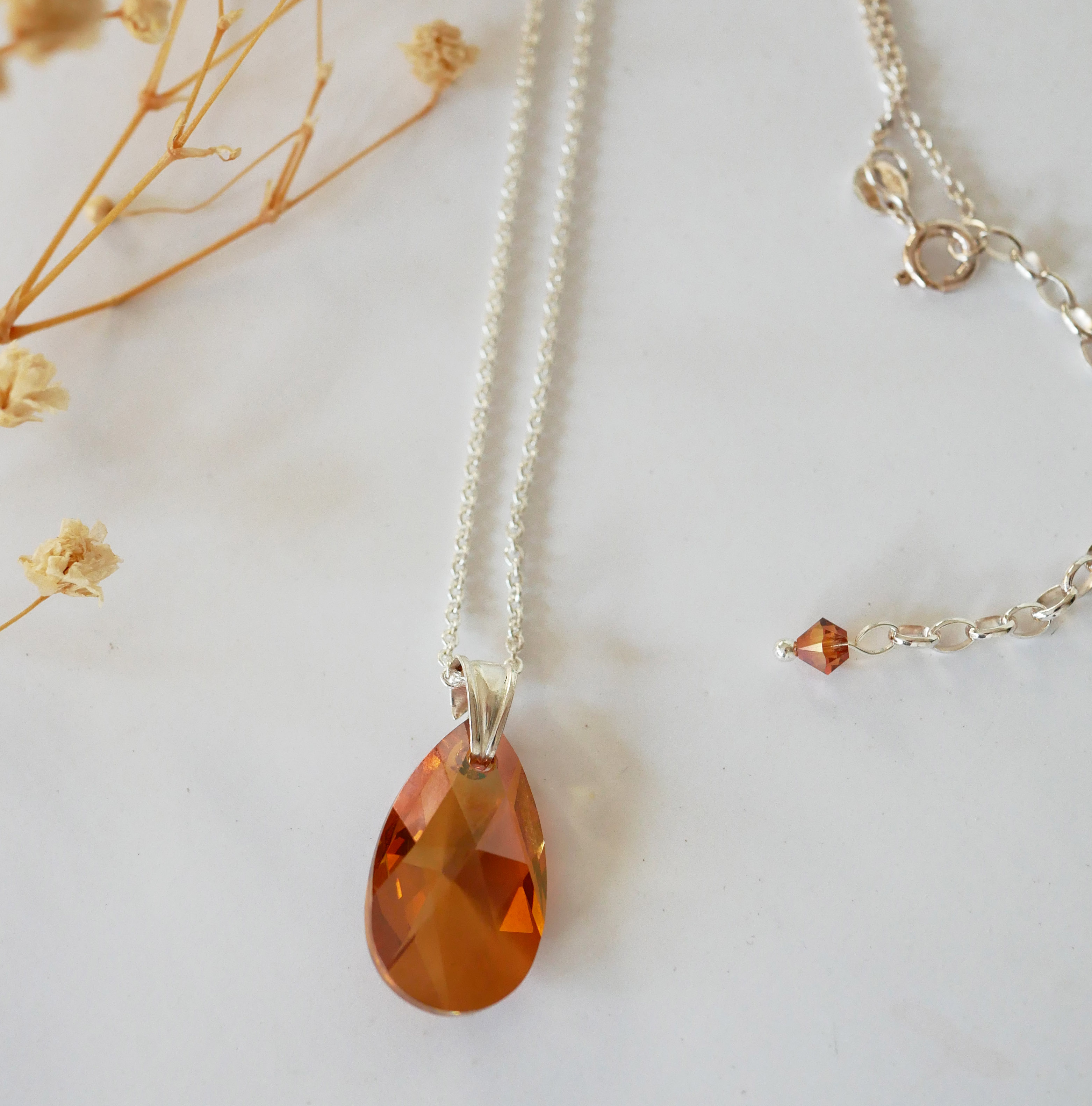 Collier argent pendentif Swarovski Larme ambre cuivré