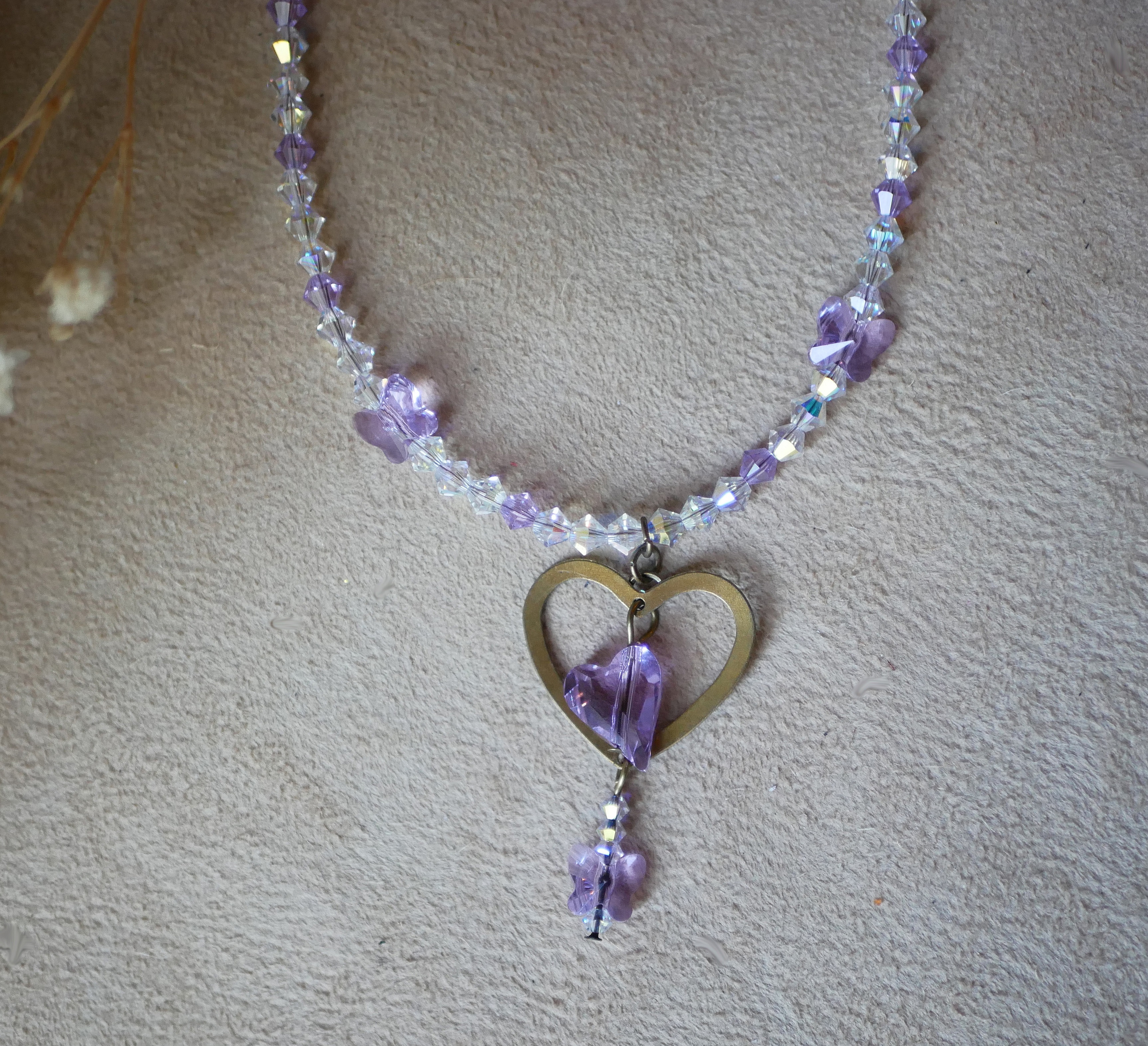 Collier pendentif Coeur et papillons Violet en cristal Swarovski