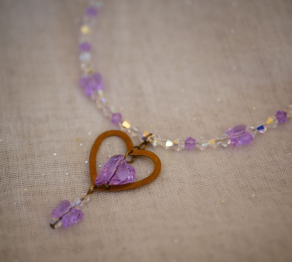 Collier pendentif Coeur et papillons Violet en cristal Swarovski