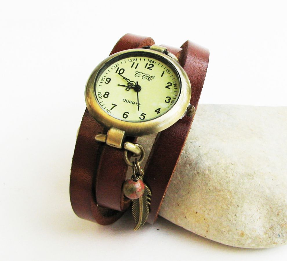 Montre bracelet cuir marron Plume et pierre