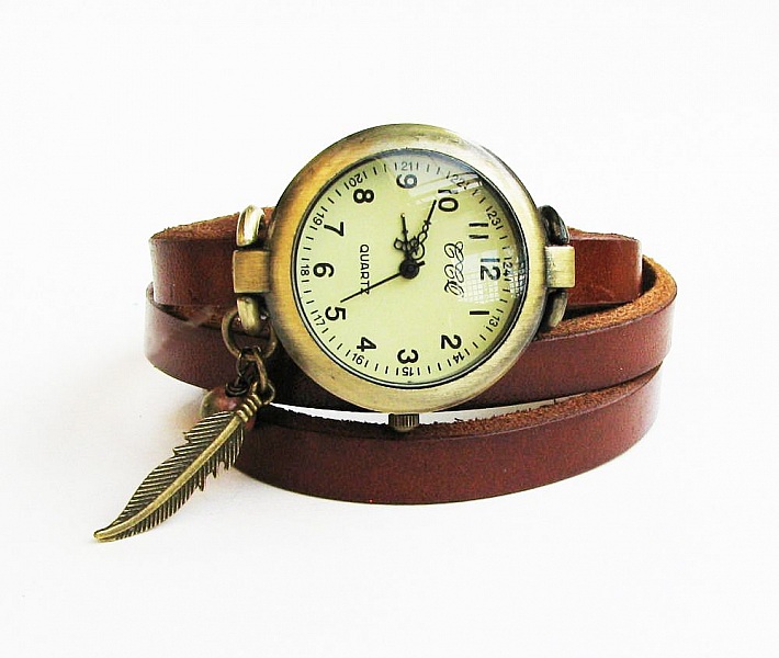 Montre bracelet cuir marron Plume et pierre