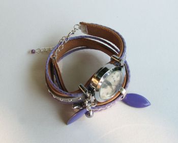 Montre bracelet double cuir argent&eacute; et lilas