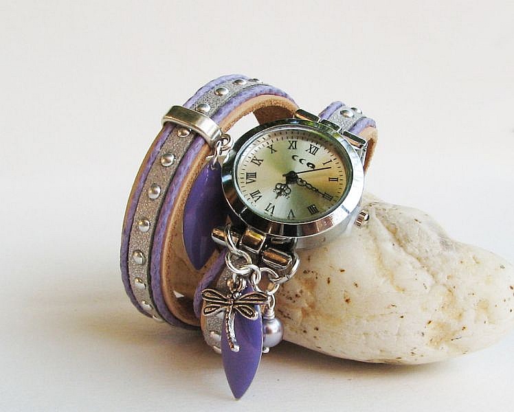 Montre bracelet double cuir argent&eacute; et lilas