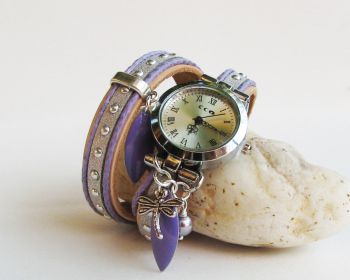 Montre bracelet double cuir argent&eacute; et lilas