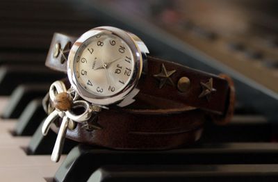 Montre bracelet double cuir Marron et Noeud