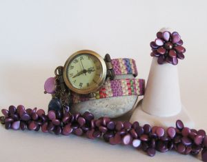 Montre bracelet double Lin tiss&eacute; perles Burgundy