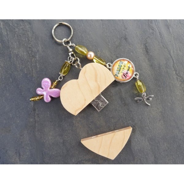 Porte-clé Coeur clé usb à graver Cabochon & papillon
