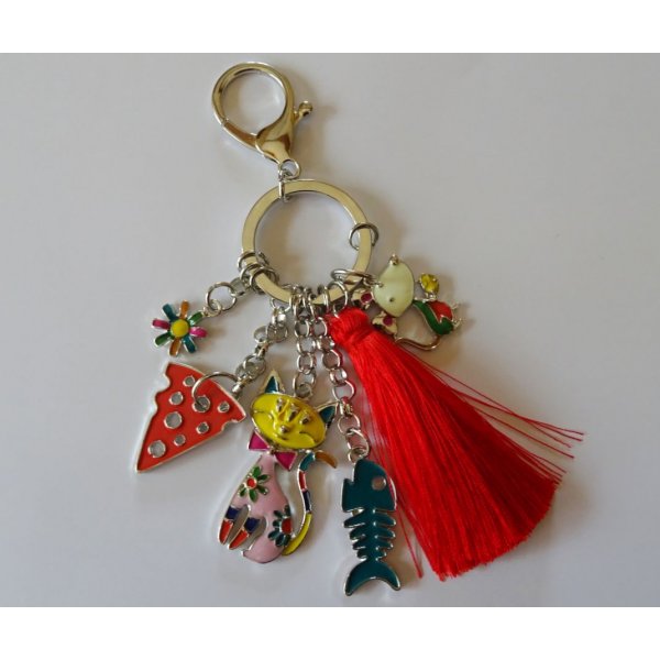 Porte-clé pendentifs Chat & souris pompon rouge