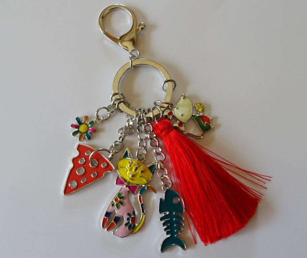 Porte-clé pendentifs Chat & souris pompon rouge