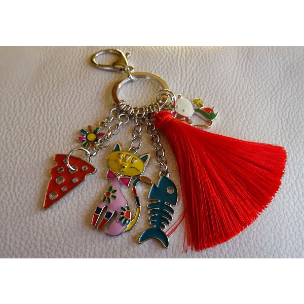 Porte-clé pendentifs Chat & souris pompon rouge